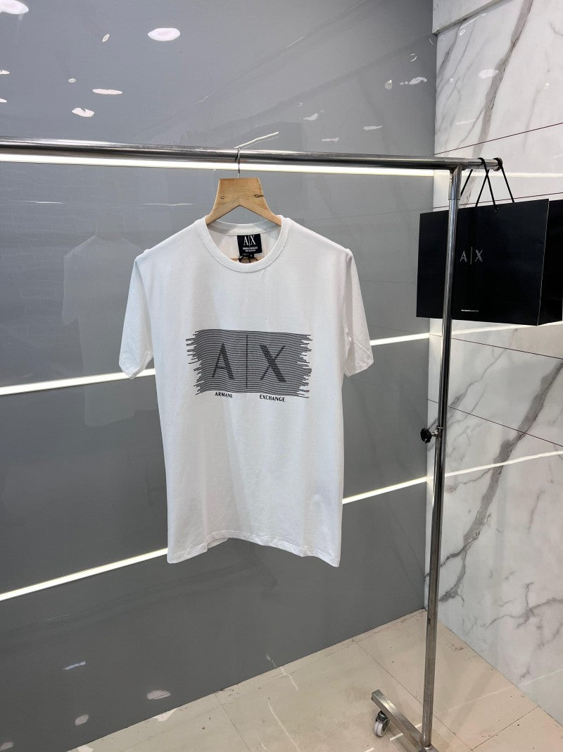 men's white t-shirt featuring a black wavy linear A|X logo graphic