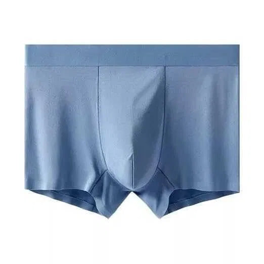 Pack of three seamless ice silk men's boxer briefs in grey, teal, and charcoal,