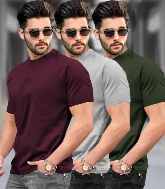 Pack of three men's premium slim-fit round neck t-shirts in maroon, light grey, and dark olive green colours