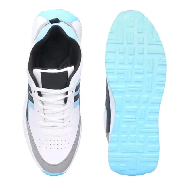 premium white men's sports sneaker featuring sky blue and grey accents, a thick white cushioned midsole