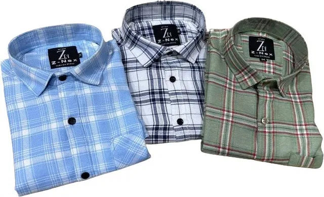 men's checkered shirts in light blue, classic white-black plaid, and sage green colours with high-quality button-down collars
