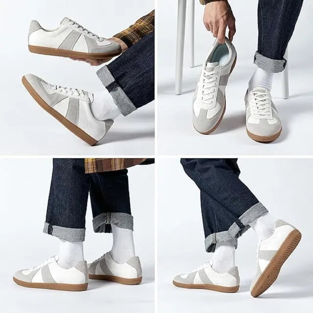 White leather German Army Trainer style sneakers with light grey suede overlays and a gum rubber sole.
