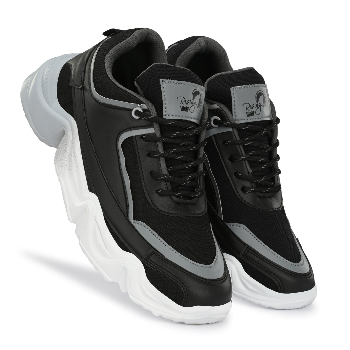 men's chunky sneakers in black and grey with a thick white sculpted wavy sole