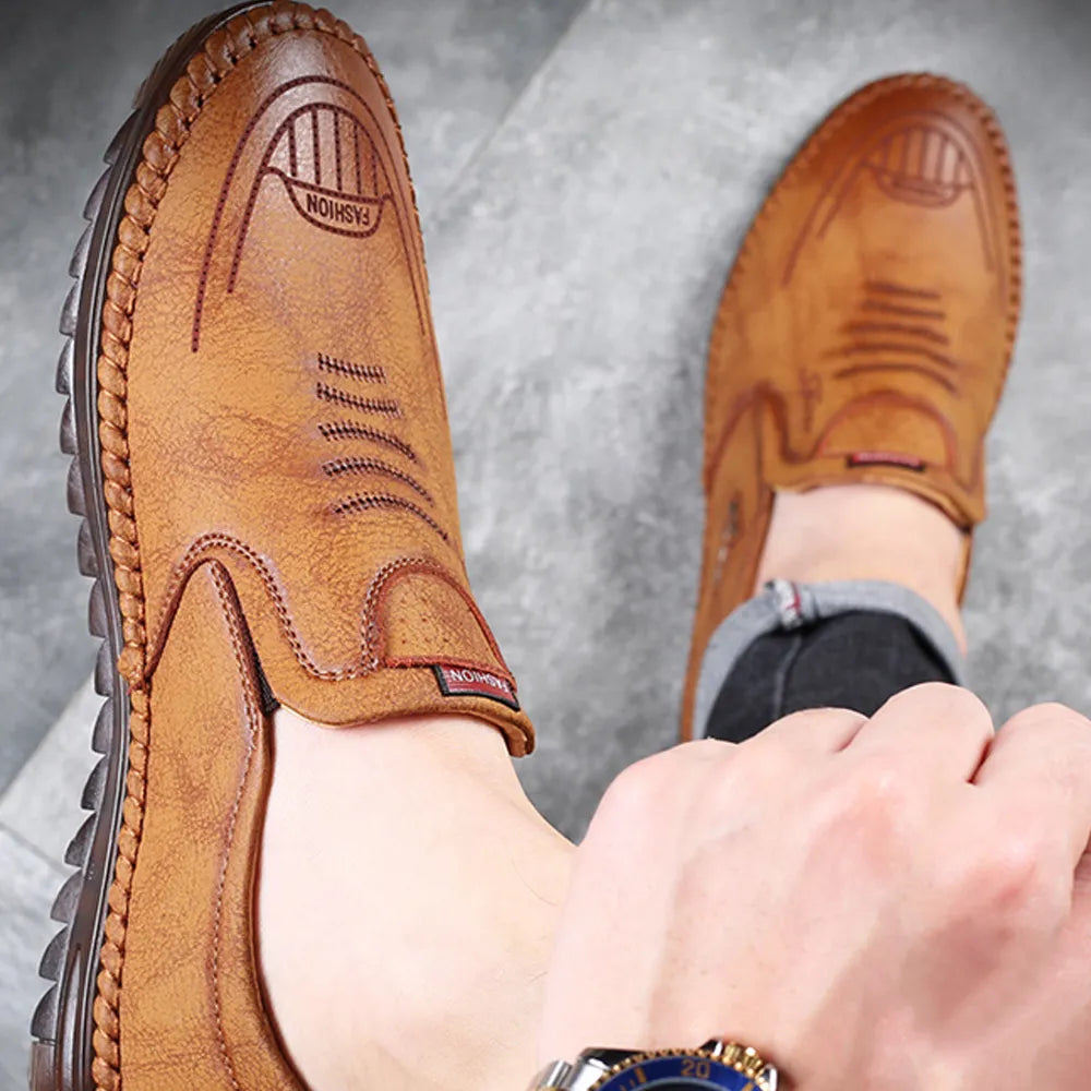 Men’s Premium Tan Slip-On Leather Shoes – Comfortable Casual Loafers