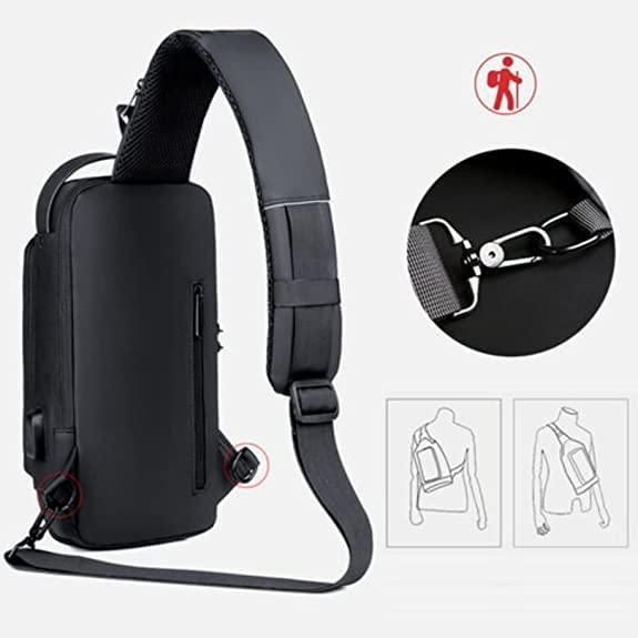 Men's black sling bag with adjustable shoulder strap, front zipper pocket, and metal clasp details.