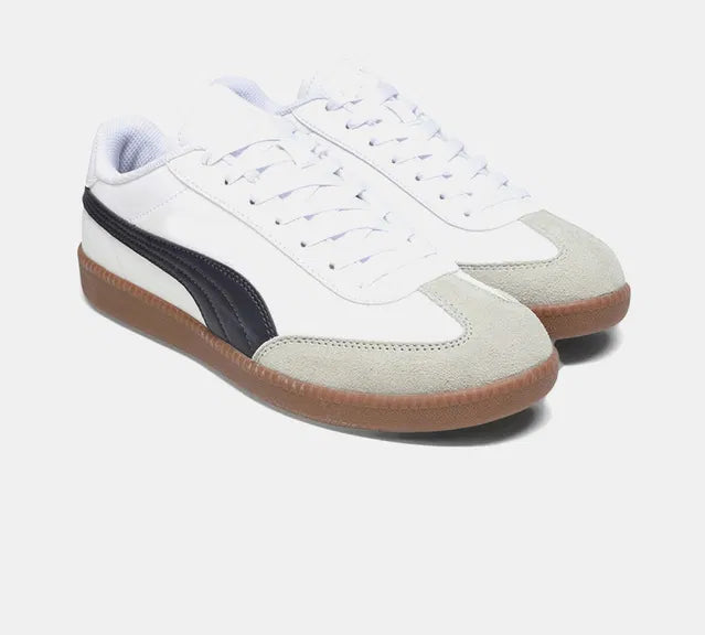 white men's sneaker featuring a signature black side stripe, a grey suede T-toe overlay, and a vintage-style gum rubber sole.
