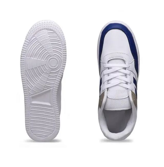Premium men’s white sneaker featuring bold navy blue stripes and a khaki tan accent panel, highlighting the clean stitching and durable white mid sole.