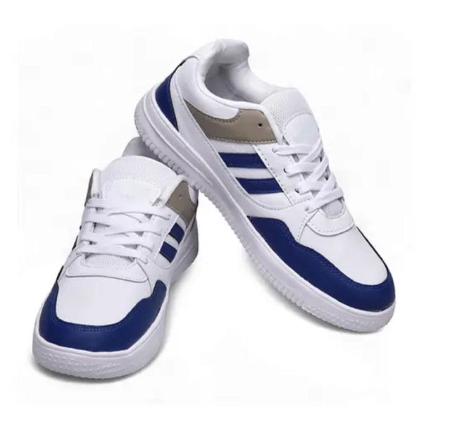 Premium men’s white sneaker featuring bold navy blue stripes and a khaki tan accent panel, highlighting the clean stitching and durable white mid sole.