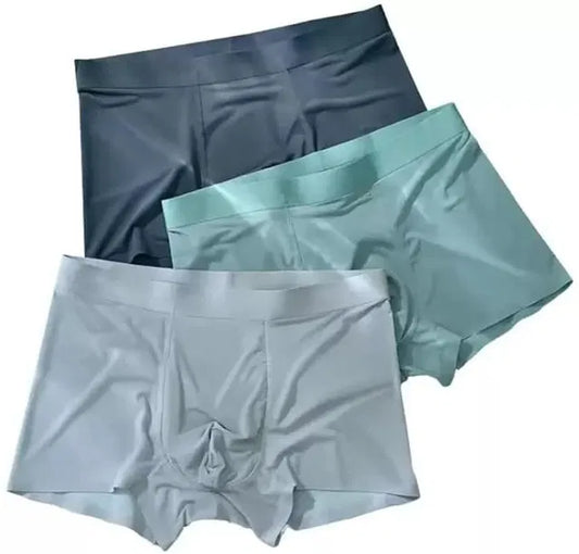 Pack of three seamless ice silk men's boxer briefs in grey, teal, and charcoal,
