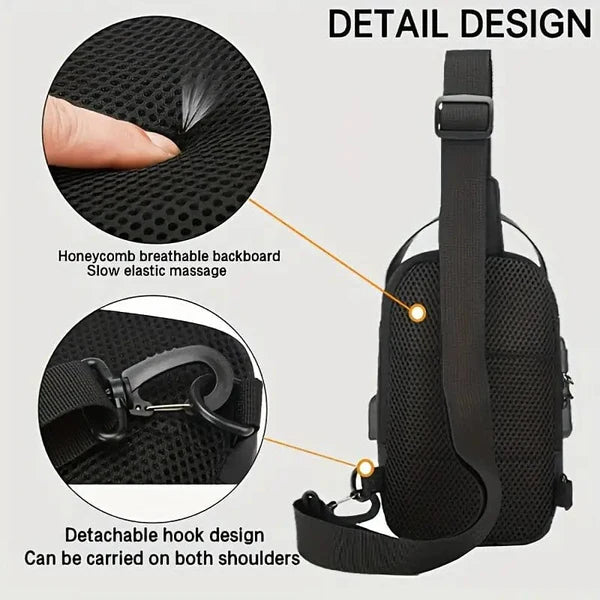 Black sling bag with breathable honeycomb back panel and detachable hook design, adjustable strap.