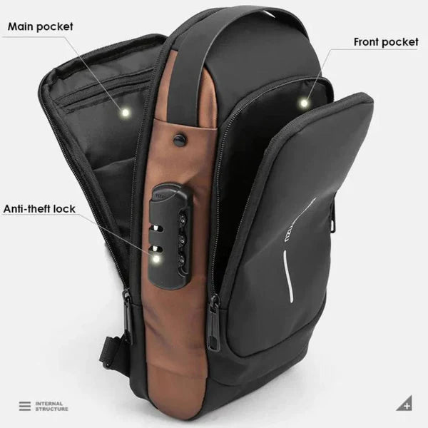 Black and brown sling bag with main pocket, front pocket, and anti-theft lock feature