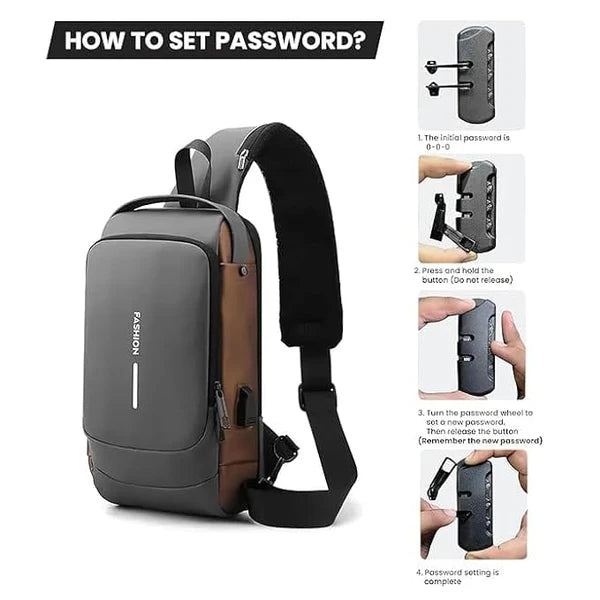 Anti-theft sling bag with adjustable strap and step-by-step password lock instructions.