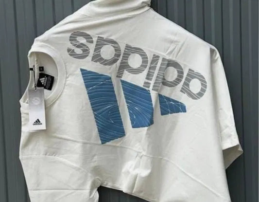 premium white Adidas half-sleeve t-shirt featuring a large blue textured logo and grey striped branding on high-quality cotton fabric.