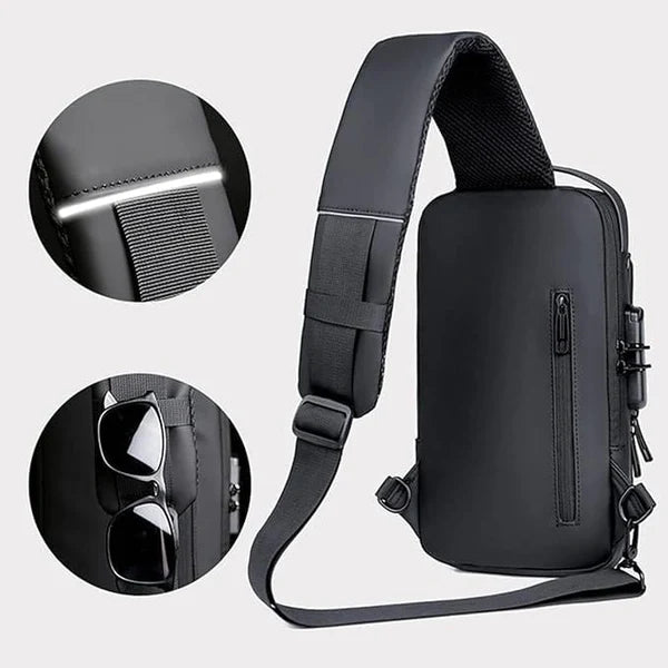 Black anti-theft crossbody sling bag with USB charging port and secure external pocket.