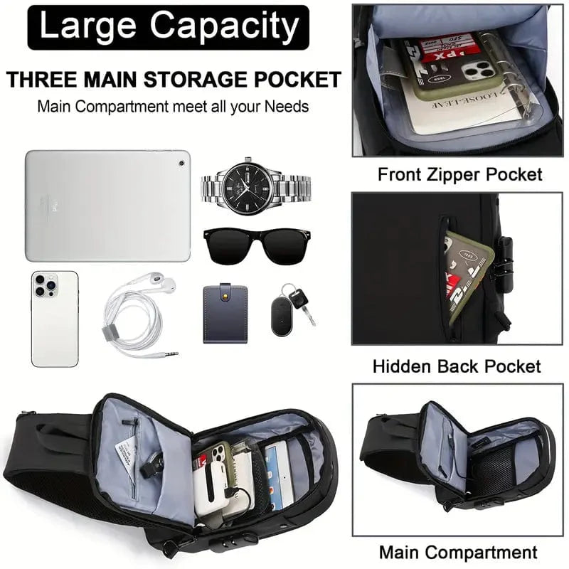 Black crossbody sling bag with USB charging, showing three storage pockets for gadgets and essentials.