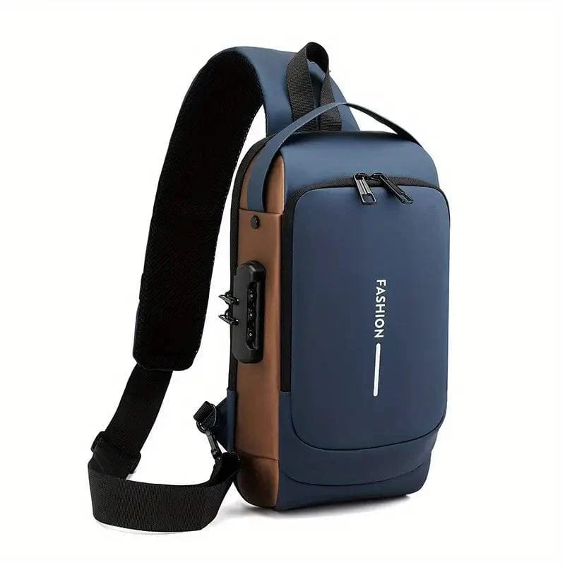 Blue and brown anti-theft crossbody sling bag with USB charging port and secure lock