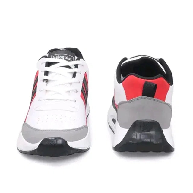 A premium white men's sports sneaker featuring vibrant red and black contrast stripes, a thick cushioned white mid sole.