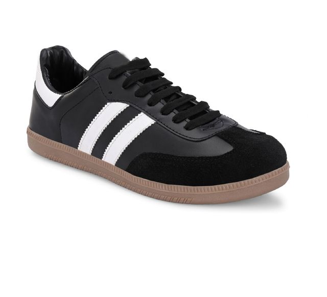 A pair of unisex black leather and suede combination retro-style sneakers featuring two prominent white side stripes, black laces