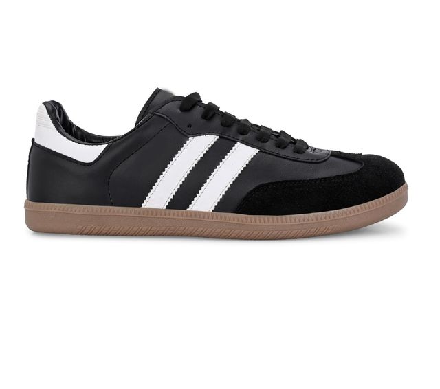 A pair of unisex black leather and suede combination retro-style sneakers featuring two prominent white side stripes, black laces