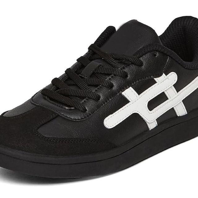 black leather sneakers with black suede toe caps, white side branding, and solid black out soles.