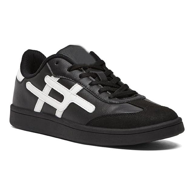 black leather sneakers with black suede toe caps, white side branding, and solid black out soles.