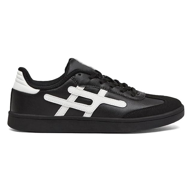 black leather sneakers with black suede toe caps, white side branding, and solid black out soles.