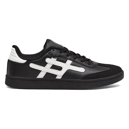 black leather sneakers with black suede toe caps, white side branding, and solid black out soles.