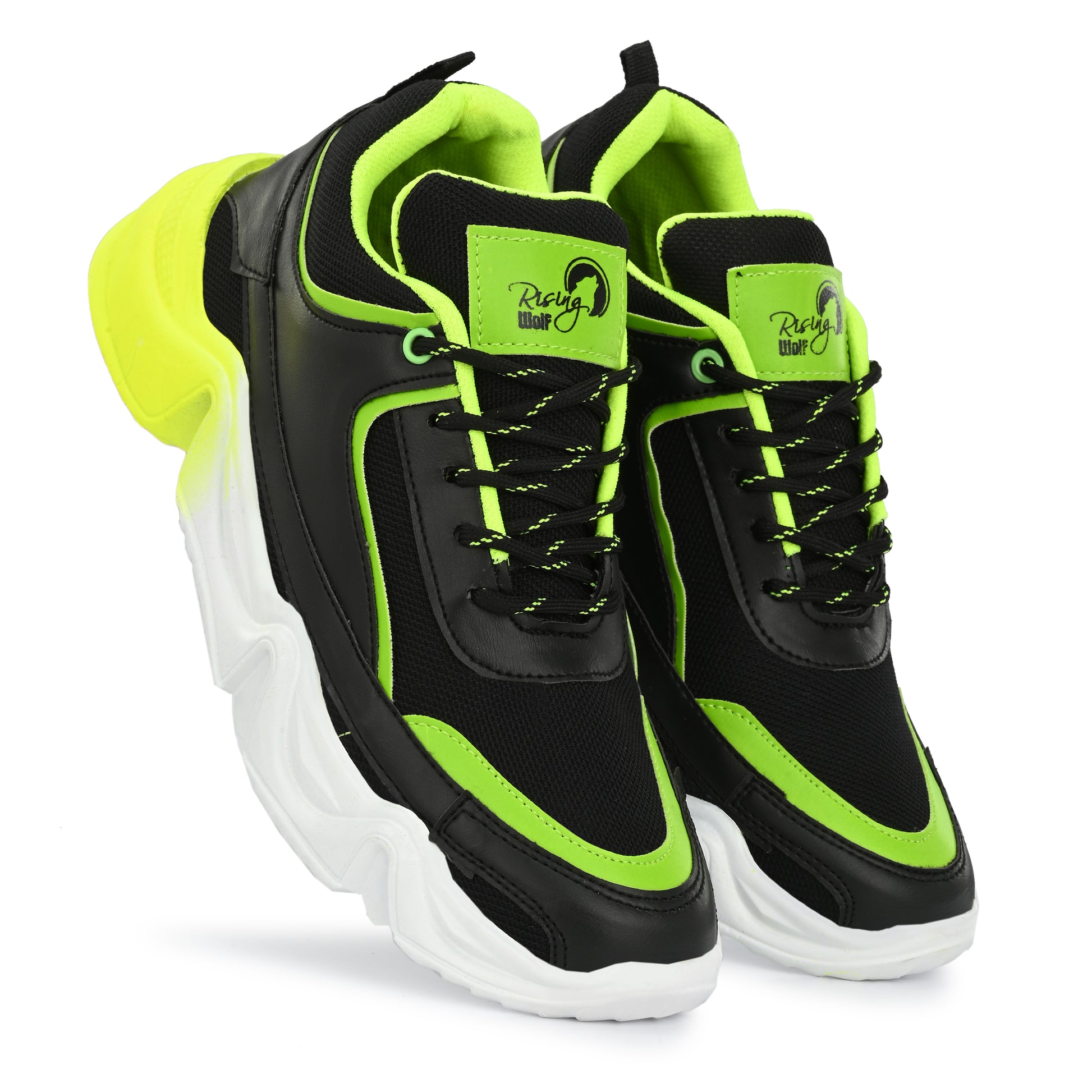 neon green and black chunky sport sneakers with a white and yellow gradient wavy sole