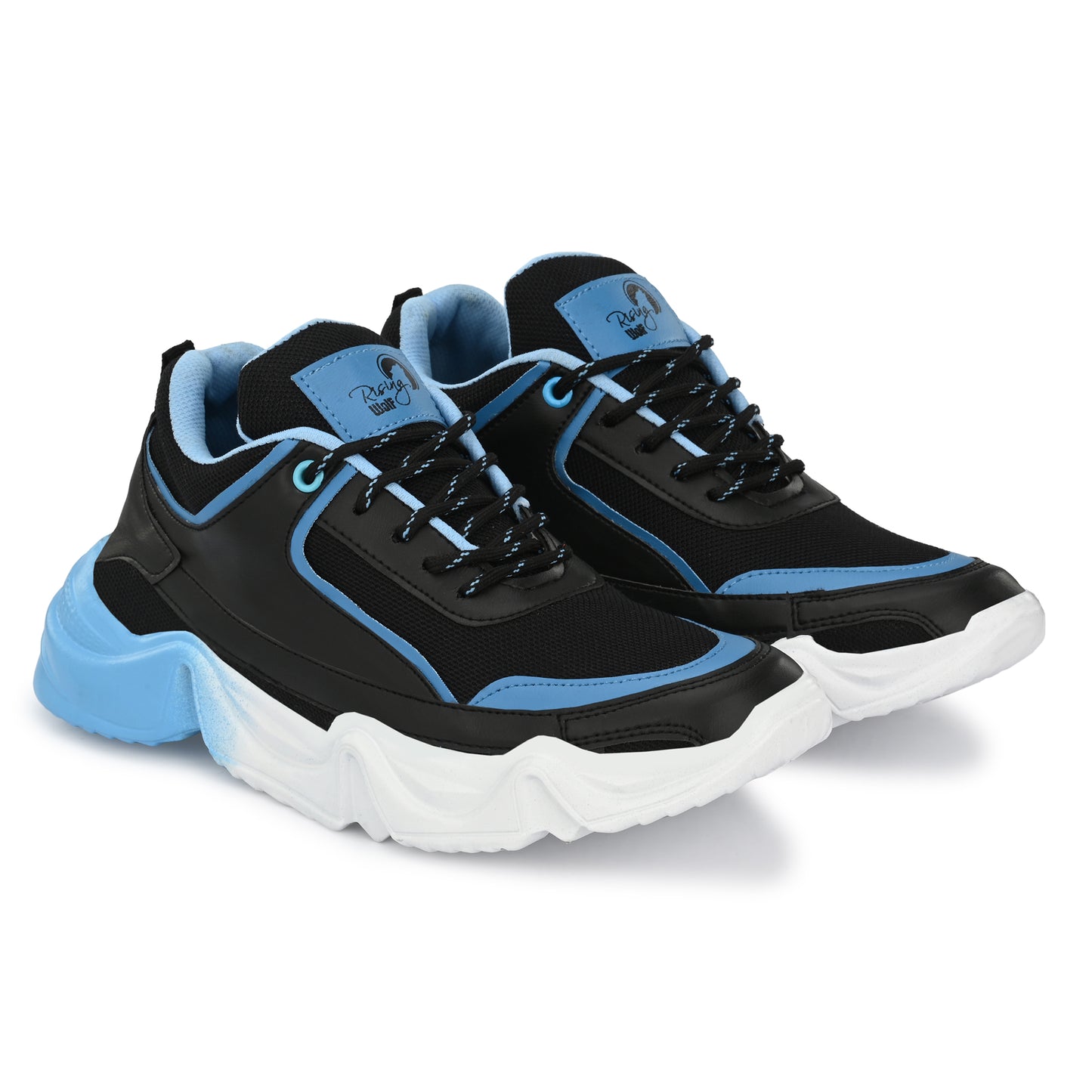 men's blue and black chunky sneakers with a white wavy sole, styled with dark blue denim jeans on a tiled staircase.