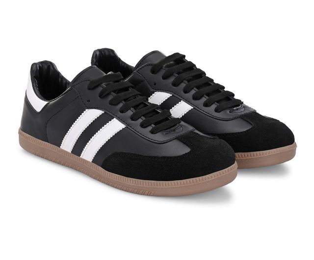 A pair of unisex black leather and suede combination retro-style sneakers featuring two prominent white side stripes, black laces