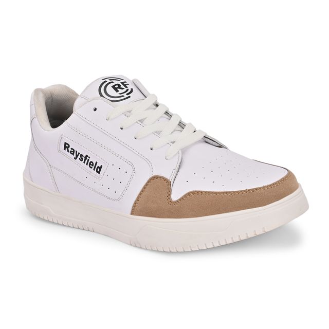 men's white and tan sneakers showing technical features: PU upper material, high-density foam insole, extra cushioning, and an ETPU+TPR sole for support and durability.