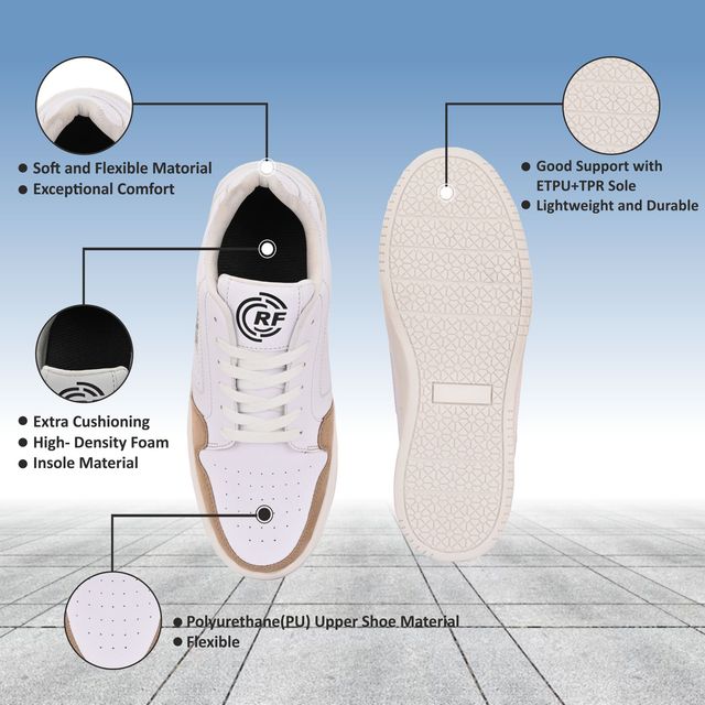 men's white and tan sneakers showing technical features: PU upper material, high-density foam insole, extra cushioning, and an ETPU+TPR sole for support and durability.