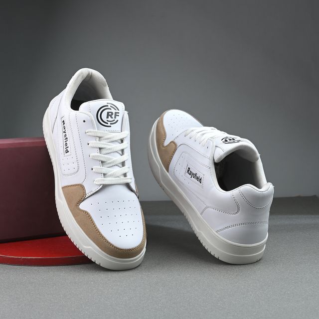 men's white and tan sneakers showing technical features: PU upper material, high-density foam insole, extra cushioning, and an ETPU+TPR sole for support and durability.