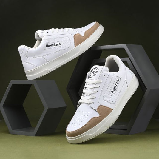 men's white and tan sneakers showing technical features: PU upper material, high-density foam insole, extra cushioning, and an ETPU+TPR sole for support and durability.