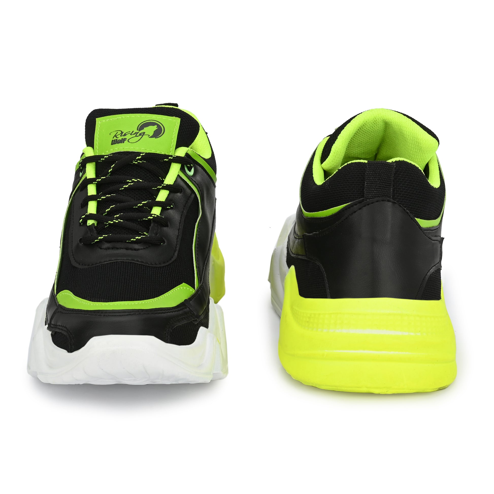 neon green and black chunky sport sneakers with a white and yellow gradient wavy sole