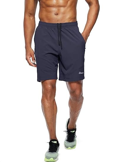 Man wearing navy blue stretchable cotton shorts, athletic fit, casual activewear