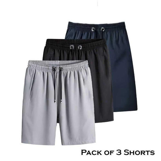 Pack of 3 men’s cotton polyester shorts in black, grey, and navy
