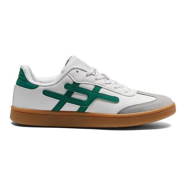 white leather sneakers with grey suede toe caps, emerald green side branding, and tan gum rubber soles