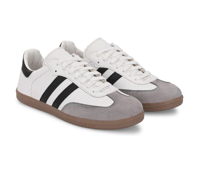 Men's casual white sneakers with black stripes and grey suede toe cap, featuring a durable textured brown rubber sole for grip and style.