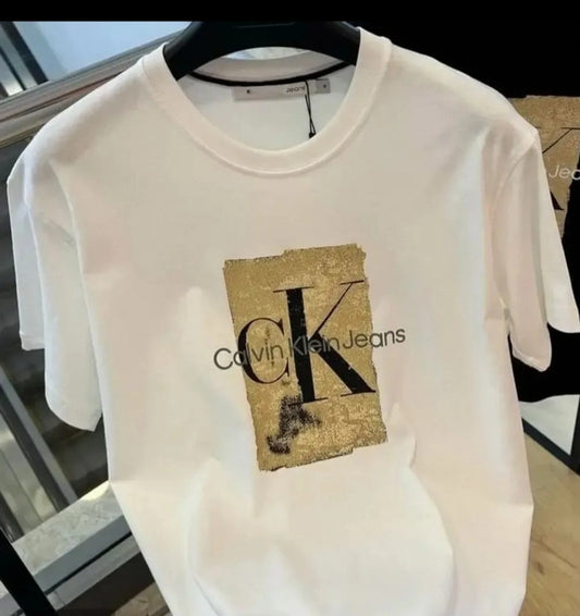 premium Calvin Klein Jeans white round-neck t-shirt featuring a luxury gold foil