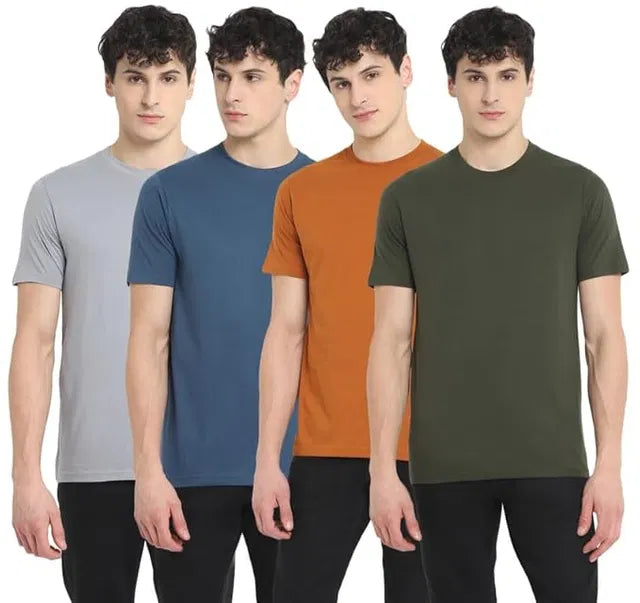 Pack of four men's premium solid round-neck t-shirts in grey, blue, mustard orange, and olive green colours with a slim-fit design