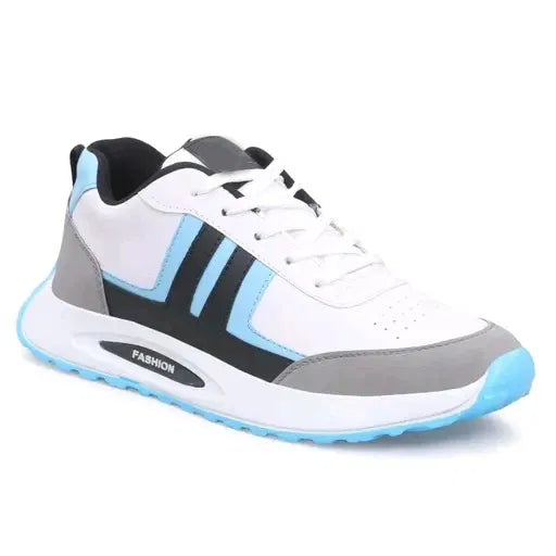 premium white men's sports sneaker featuring sky blue and grey accents, a thick white cushioned midsole