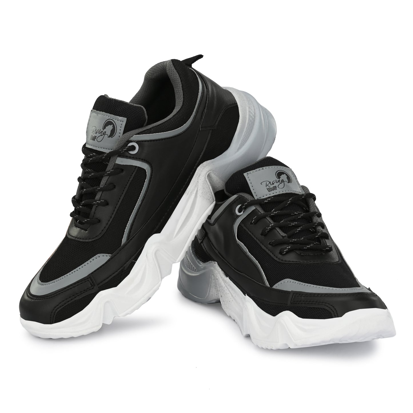 men's chunky sneakers in black and grey with a thick white sculpted wavy sole