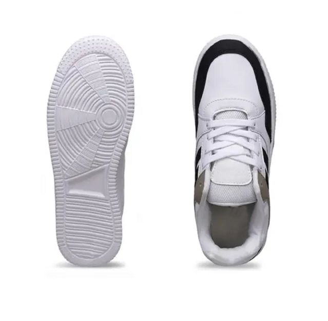 men's white fashion sneakers featuring bold black stripes and a tan heel accent, designed with a thick white mid sole and white laces for a modern casual look.