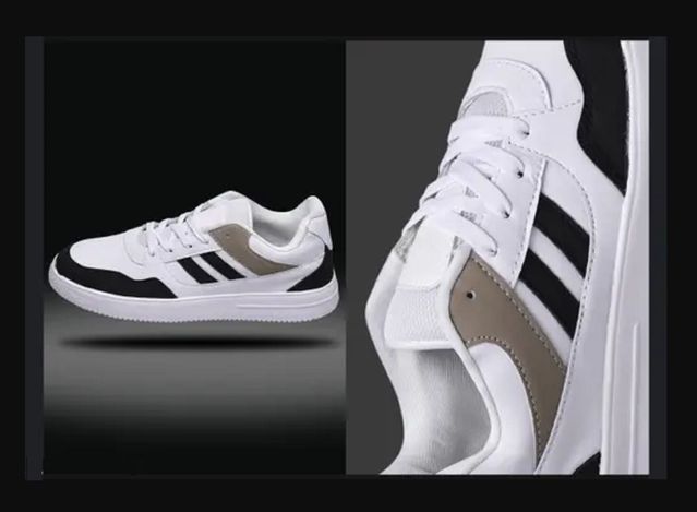 men's white fashion sneakers featuring bold black stripes and a tan heel accent, designed with a thick white mid sole and white laces for a modern casual look.