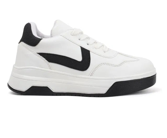 premium men's white lifestyle sneakers with bold black accents, featuring a thick chunky platform sole