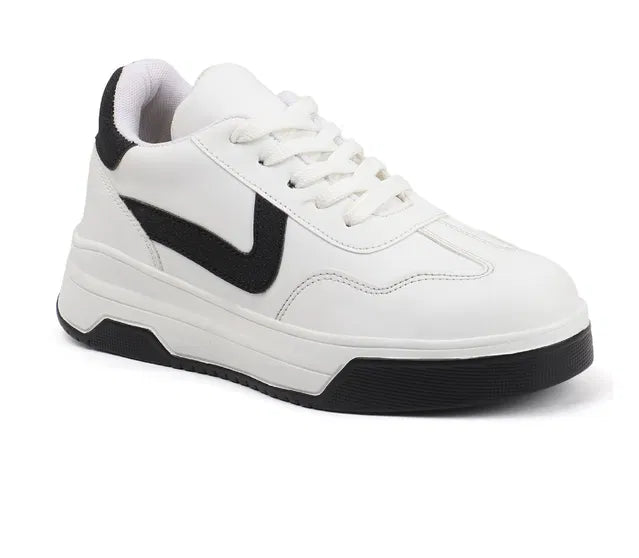 premium men's white lifestyle sneakers with bold black accents, featuring a thick chunky platform sole