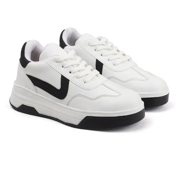 premium men's white lifestyle sneakers with bold black accents, featuring a thick chunky platform sole