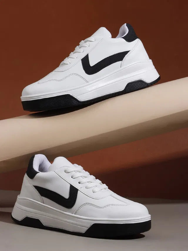 premium men's white lifestyle sneakers with bold black accents, featuring a thick chunky platform sole