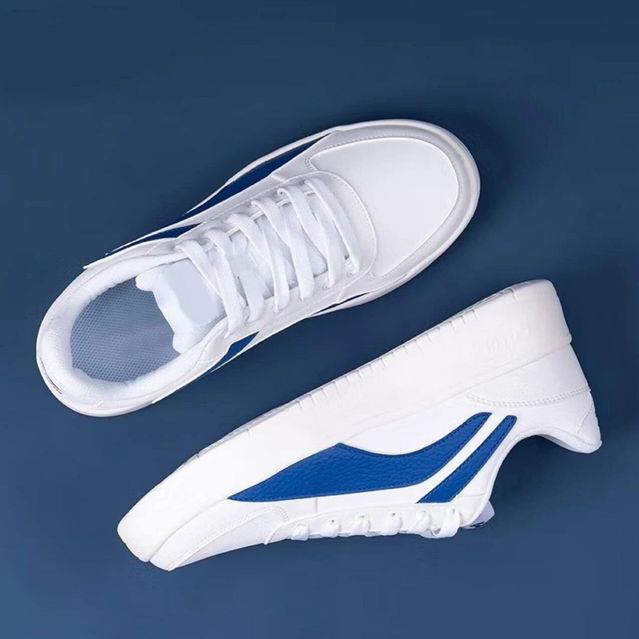 men's white chunky sneakers with blue side stripes and white laces